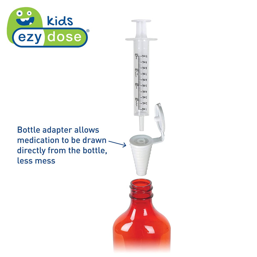 EZY DOSE Kids Baby Oral Syringe & Dispenser Calibrated for Liquid Medicine, Reduce Mess and Spills, Easy Way to Orally Administer Medication, 10 mL/2 TSP, Includes Bottle Adapter, Clear, BPA Free
