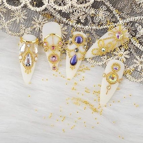 Golden Nail Art Beads and Nails, 3D Multi Size Metal Caviar Bead Set for DIY Nail Decoration (Gold)