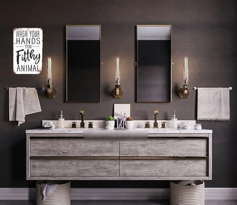 Funny Bathroom Wall Decor - 'Wash Your Hands You Filthy Animal' Metal Sign | 8x12 Inches for Guest Bath & Office