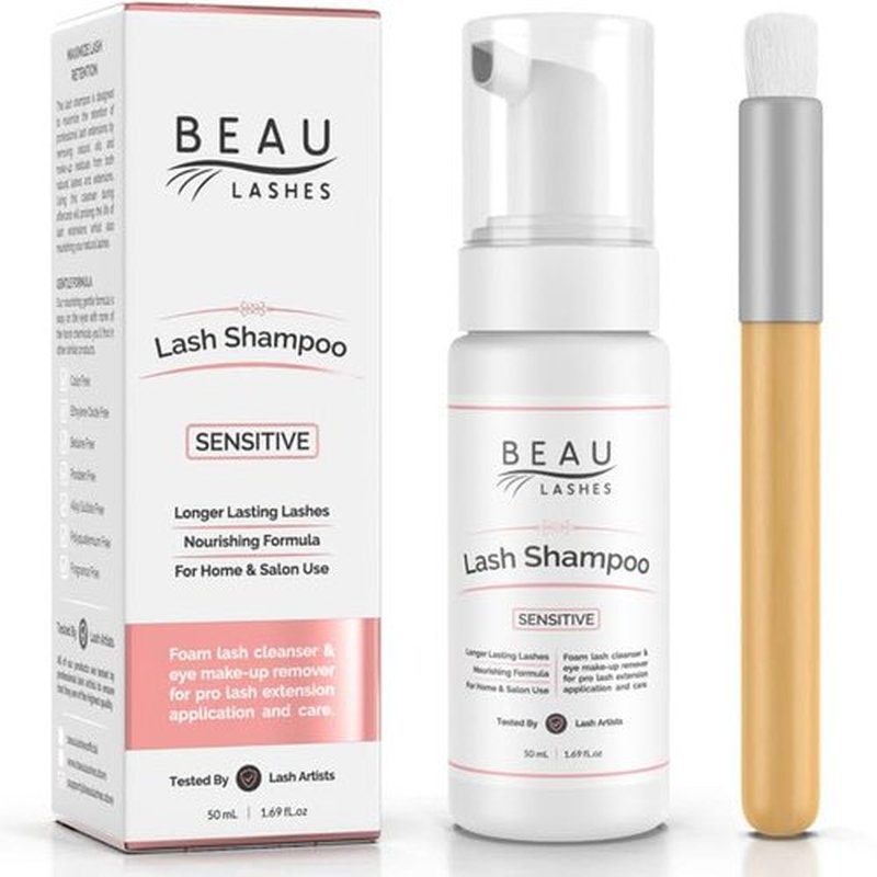 Eyelash Extension Foam Cleanser Shampoo & Brush (150ml) - Oil Free Sensitive Paraben & Sulfate Free Eyelid/Lash Foaming Wash Cleaner To Remove Makeup & Mascara - Ideal For Salons And Home Care
