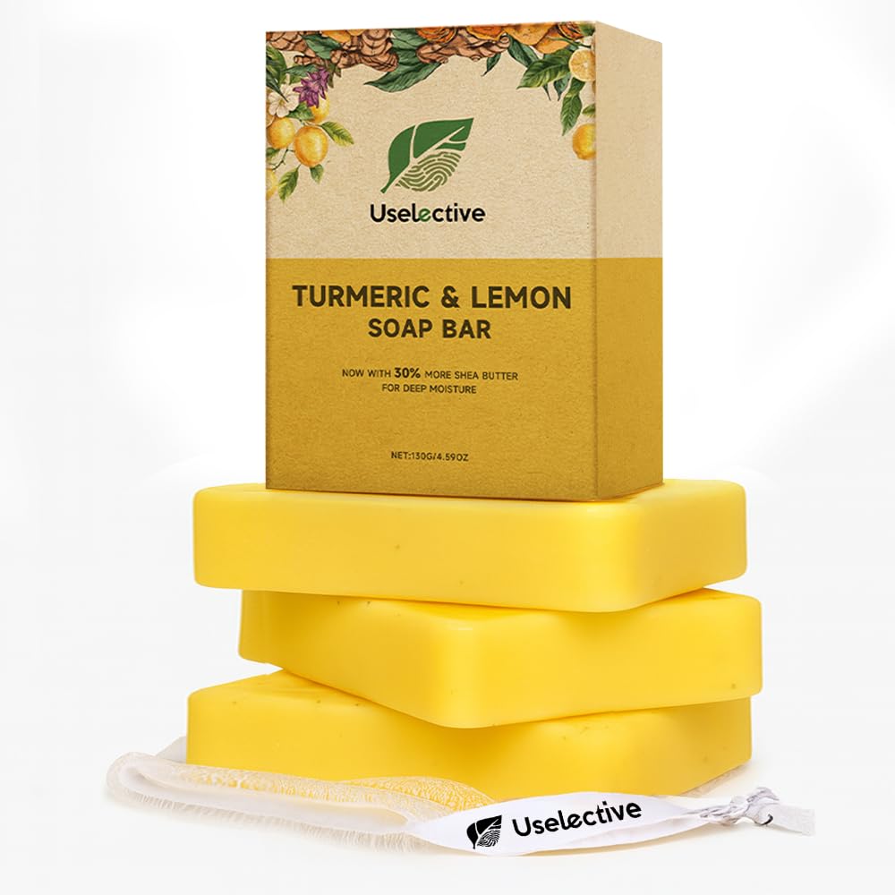Uselective 3 Pack Lemon & Turmeric Soap Bar for Dark Spots - Powered by Kojic Acid & Vitamin C and Deeply Moisturizing with Shea Butter - SLS Free