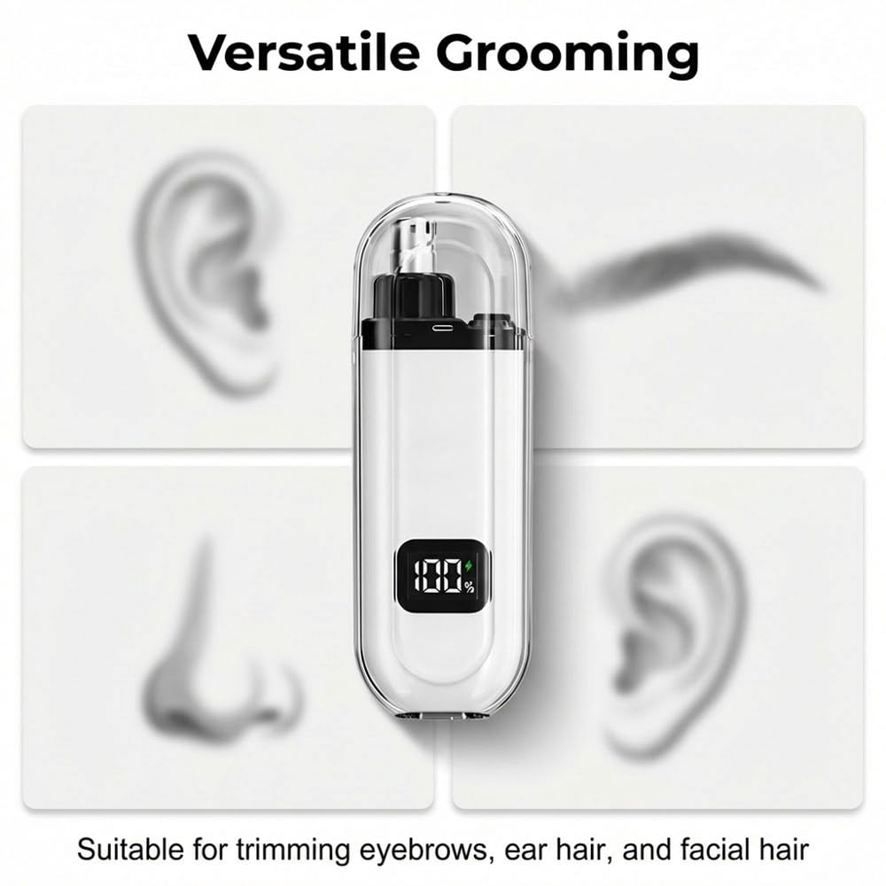 PolishWiz 3-in-1 Nose Hair Trimmer for Men & Women, Rechargeable Nose & Ear Hair Trimmer with Eyebrow Head, Type-C Charging, IPX7 Waterproof Electric Nose Trimmer (White)