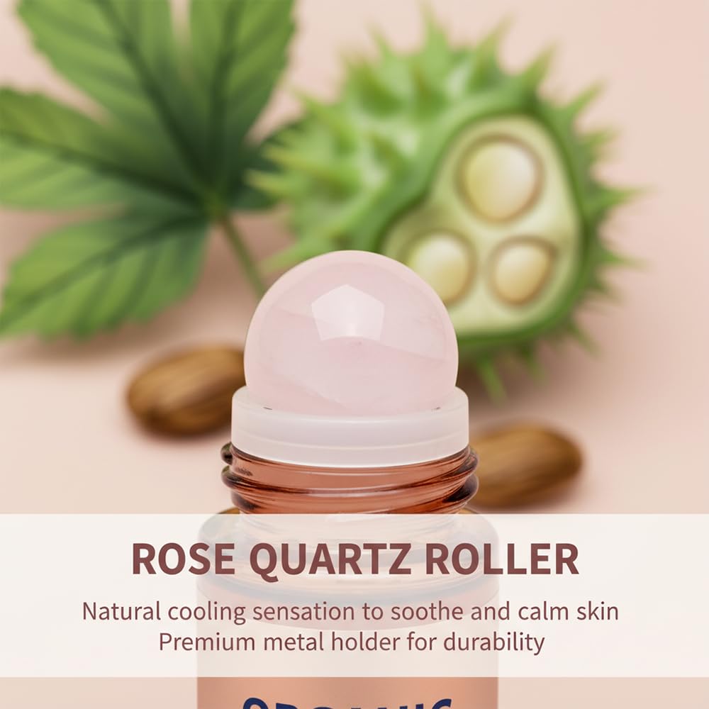 ROVIA 1 PCS Organic Castor Oil Roll On: 100% Cold Pressed Moisturizing Oil with Rose Quartz Roller - for Brows, Lashes, Dry Skin & Face, Travel Friendly Leakproof Roller Bottle (1)