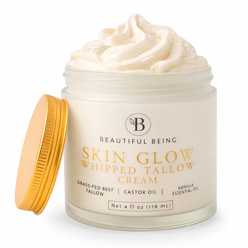 SKIN GLOW - Grass-Fed Whipped Beef Tallow for Menopausal & Mature Skin – Deep Nourishing Cream for Sensitive Skin – Face & Body - Simple, Non-Toxic - Castor Oil Infused, Light Aroma (VANILLA, 4oz)