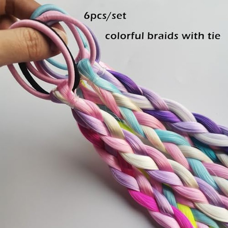 6-Pack Colorful Braided Hair Extensions – Elastic Tie-On Synthetic Braids – Fun and Easy Hairpieces – Cute Ponytail Accessories for Daily Wear, Parties & Gifts