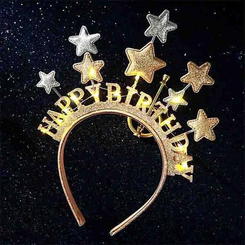 Aceorna Light Up Stars Headbands LED Gold Birthday Hairbands Glowing Happy Birthdays Crowns Head Bands Glitter Birthday Hair Accessories for Women