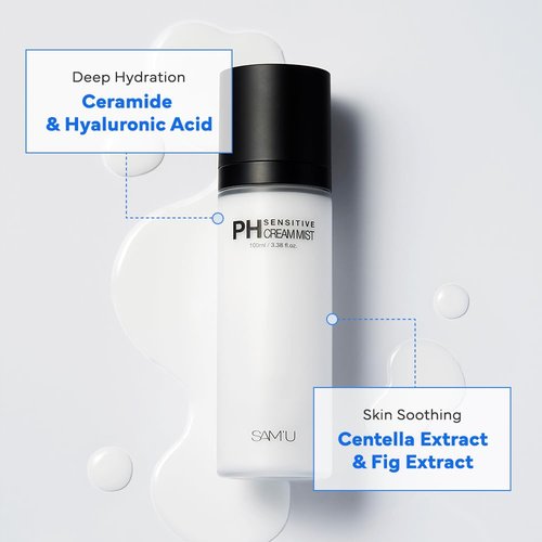 SAM'U PH Sensitive Cream Mist, Ceramide Face Mist, Hypoallergenic Facial Spray with Hyaluronic Acid & Centella, Hydrating & Quick Absorbing, Korean Skin Care for Dry & Sensitive Skin, 3.38 Fl. Oz