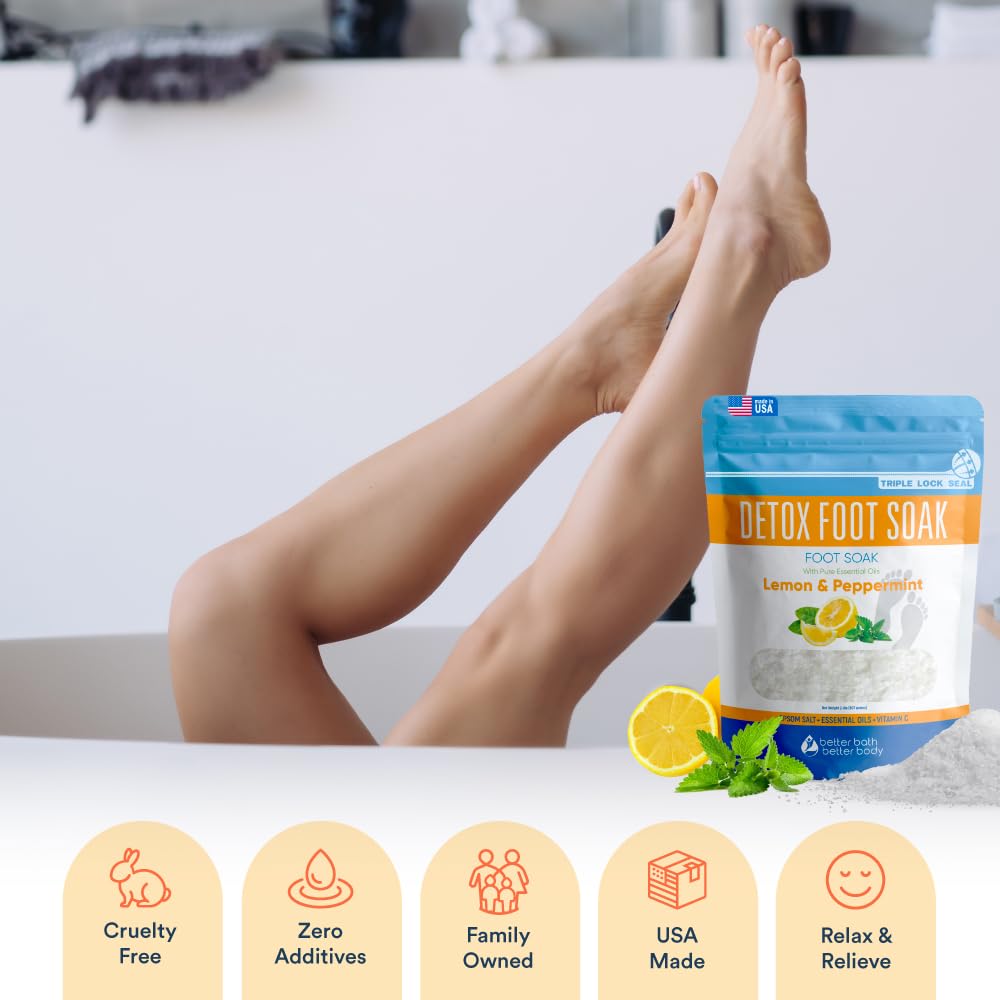 Detox Foot Soak Salts 32 Ounces with Lemon, Peppermint, Lavender Frankincense Essential Oils BPA Free Pouch with Easy Press-Lock Seal Soothe Athletes Foot, Soften Calluses, Relax Tired Feet