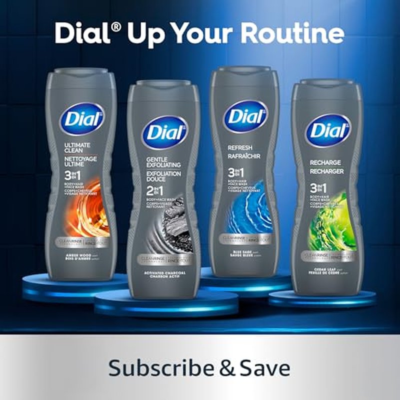 Dial Men 3 in 1 Body, Hair and Face Wash, Refresh, 16 Fl Oz (Pack of 4), Blue Sage Scent, Cleanses Deep + Gentle on Skin with Clean Rinse Technology