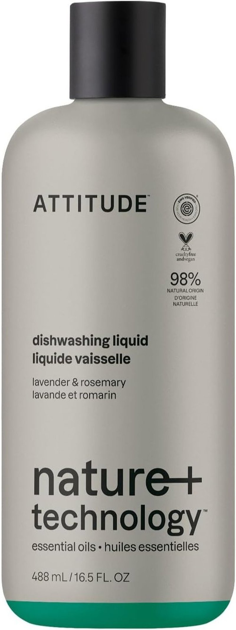 ATTITUDE Dish Soap - Plant-Based, EWG Verified, Lavender & Rosemary Scent | 16.5 Fl Oz Vegan Liquid