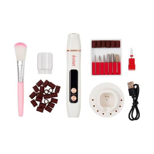 Éclat Cordless Nail Drill Electric File, Professional Efile for Acrylic, Gel, Dip Powder, Portable & Rechargeable Manicure Pedicure Tool Set with LED Light, 7 Drill Bits, Sanding Bands, Brush (White)