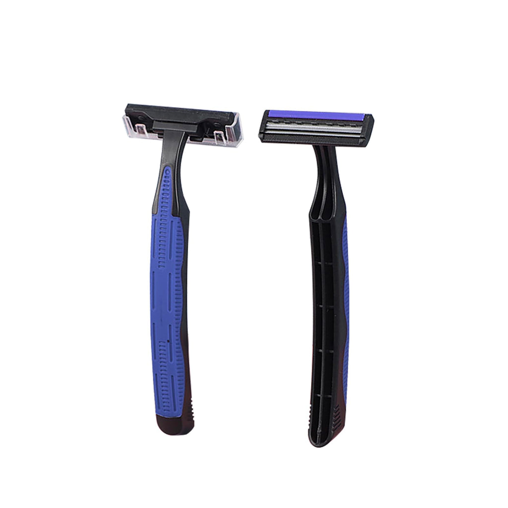 Individually Wrapped 3 Blades Razors Bulk, Travel Size Disposable Manual Razors with Stainless Steel Blade (Blue) (50)