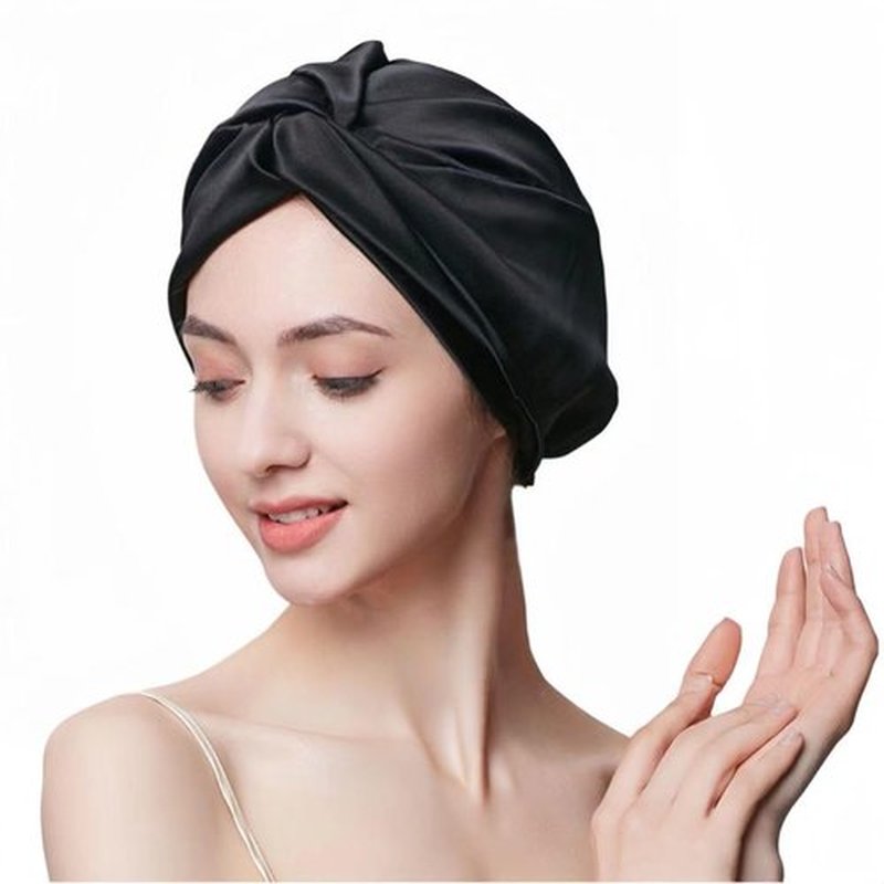 SereLune 100% Mulberry Silk Bonnet Sleep Cap, Double Layer Silk Turban/Bonnet, Adjustable Fit for Night Hair Care, 9 Colors (Black)