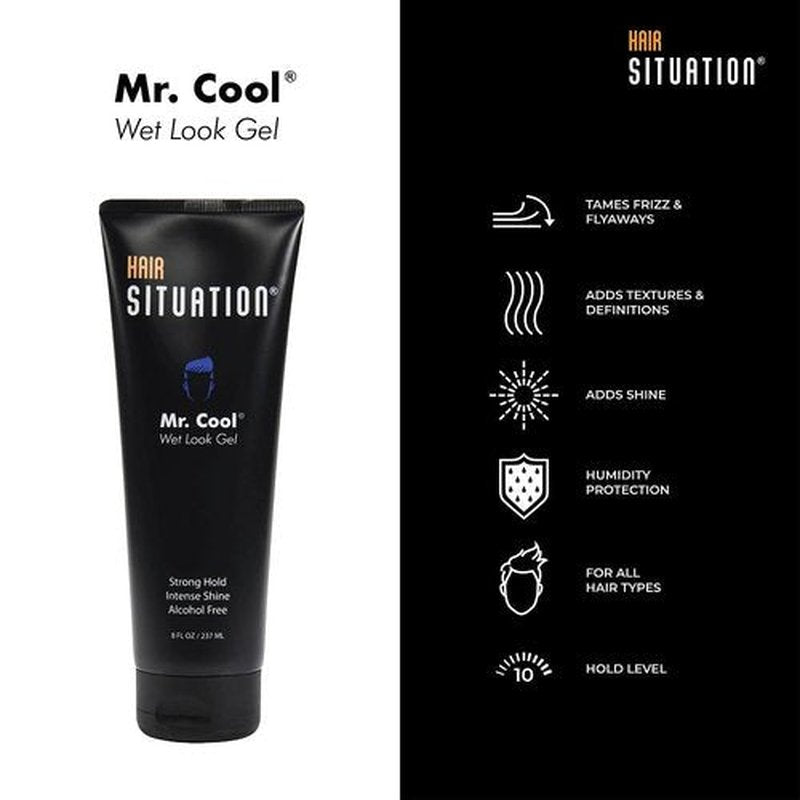 Mr. Cool Hair Gel - Strong Hold Wet Look with High Shine | Anti-Humidity & Frizz Control, 8 Fl Oz