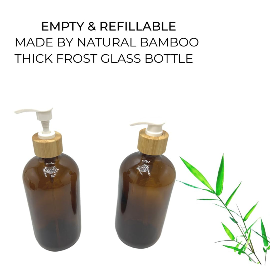 2PCS 500ML/16.6 oz Empty Refillable Brown Glass Pump Bottles Container Holder Vials Pot Storage with Bamboo Screw Pump Head for Bath Shower Shampoo Hair-Conditioner Cleanser Makeup Liquid