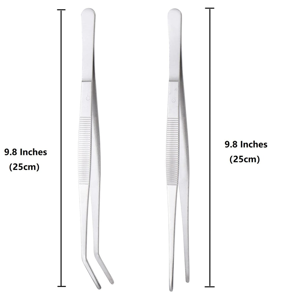 Miupoo Long Handle Stainless Steel Paint Straight and Curved Tweezers Nippers,Extra Long Precision Craft Tweezers Set with Serrated Tips,Silver,2 pieces,9.8Inches