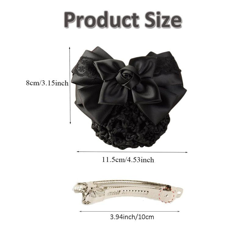 Women Bowknot Snood Net Barrette Hair Clip Bun Cover Hairnet Satin Bow Barrette French Hair Clips Ribbon Flower Hair Accessories for Stewardess Banks Hotels Restaurant Staff (Black)
