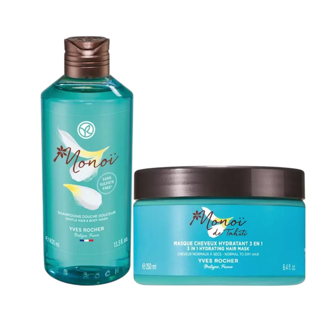 Yves Monoï de Tahiti Monoi 3 in 1 Moisturizing Hair Mask Night Care Conditioner and Gel Set of 2 All Hair Types 400 ml./13.5 fl.oz. 250 ml./8.4 fl.oz.