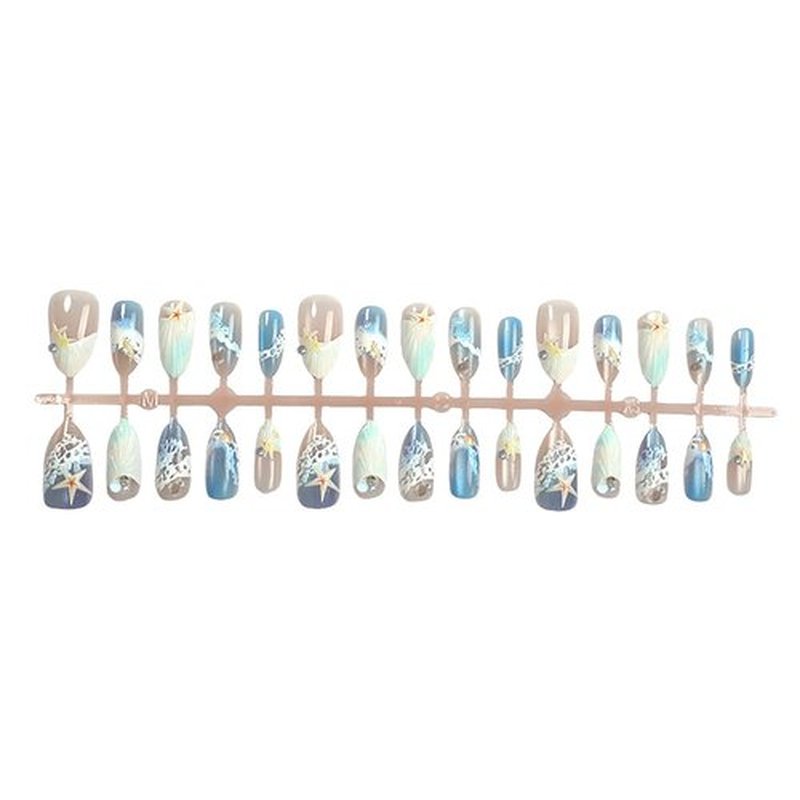 30Pcs Summer Press on Nails Almond French Tip Fake Nails with 3D Pearl Seashell Design Ocean Beach Press ons Cute Starfish False Nails Tropical Sea Wave Conch Stick on Nails for Women