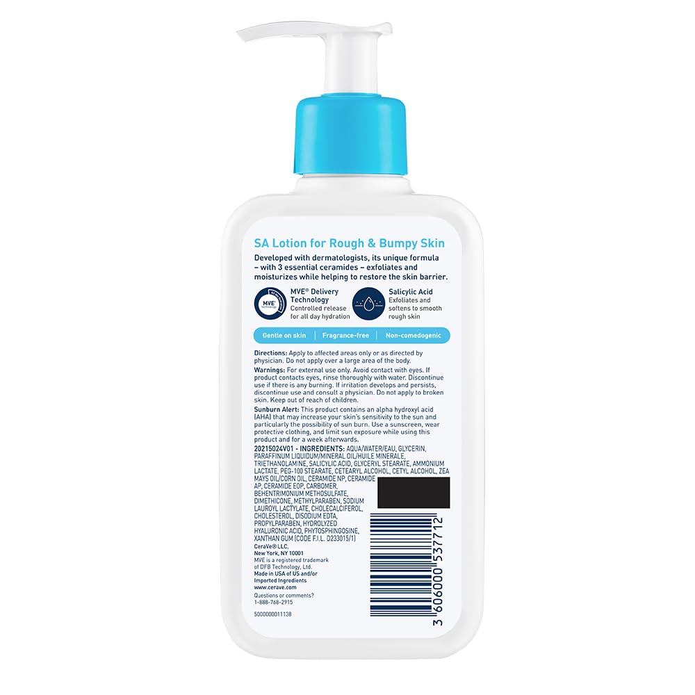 CeraVe SA Lotion for Rough & Bumpy Skin, Vitamin D, Hyaluronic Acid, Lactic Acid & Salicylic Acid Lotion, Fragrance Free & Allergy Tested, 8 Ounce