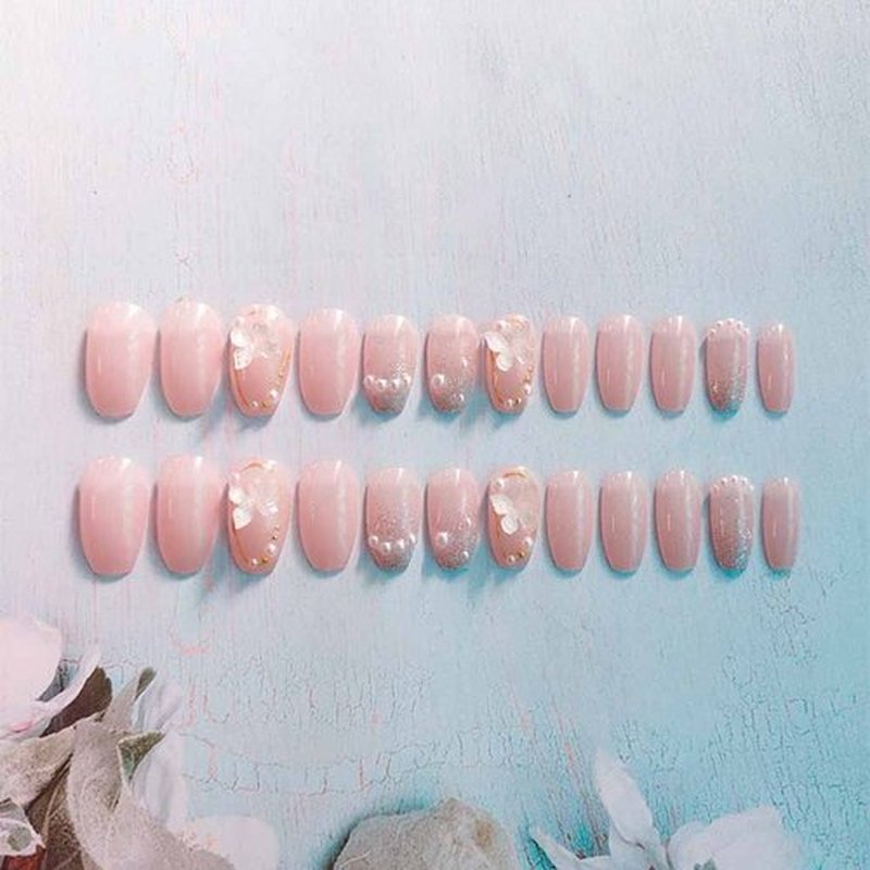 RikView Pink Press on Nails Medium Fake Nails Coffin Nails for Women with Butterflies Design Glossy Nails