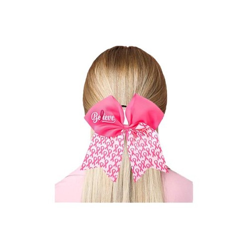 20 Pieces 7 Inch Breast Cancer Awareness Cheer Bows Pink Ribbon Hair Band Elastic Scrunchies Cheerleading with Hair Band Hair Accessories for Teens Women (Believe）