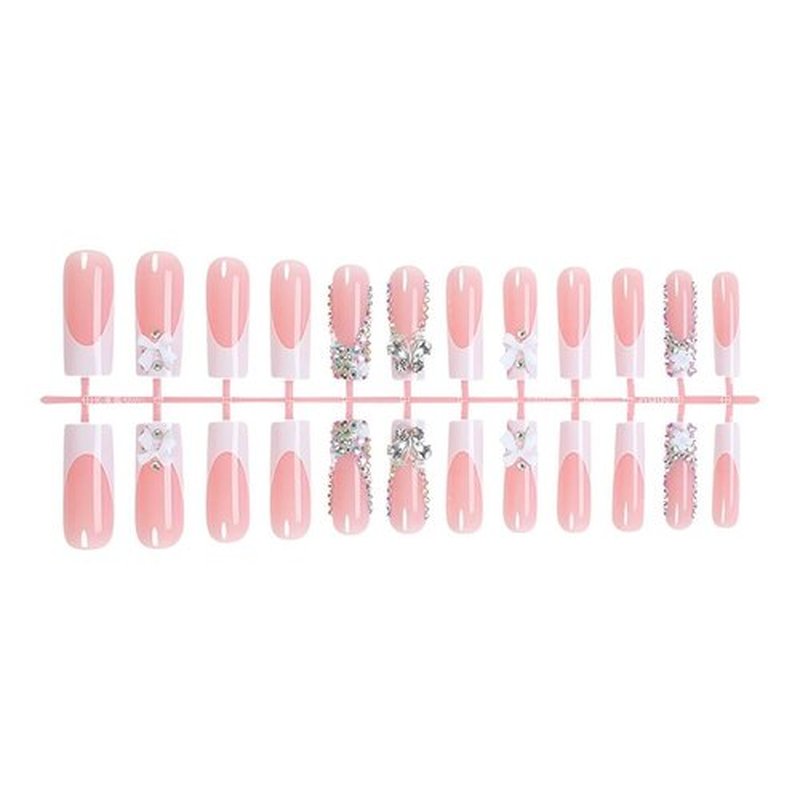 Rchovsam Long Square Press on Nails xxl French Tip Nails Press Ons Butterfly Diamond Bow-tie Design False Nails Full Cover Handmade Acrylic Fake Nails Gift for Women 24pcs
