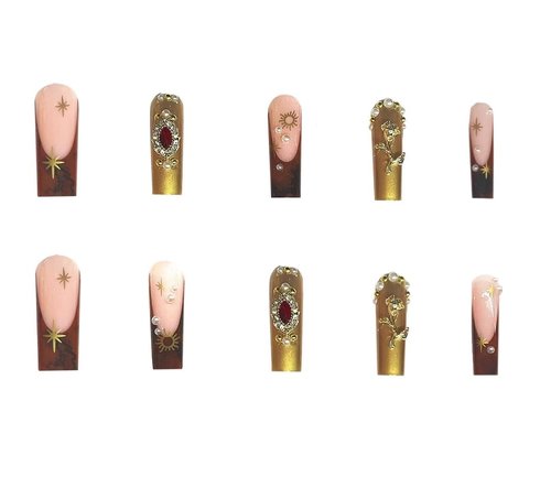 Long Press on Nails Square Fake Nails Gold French Tip False Nails with 3D Flower Charm Designs Sparkly Cute Rhinestones Artificial Nails for Women 24Pcs
