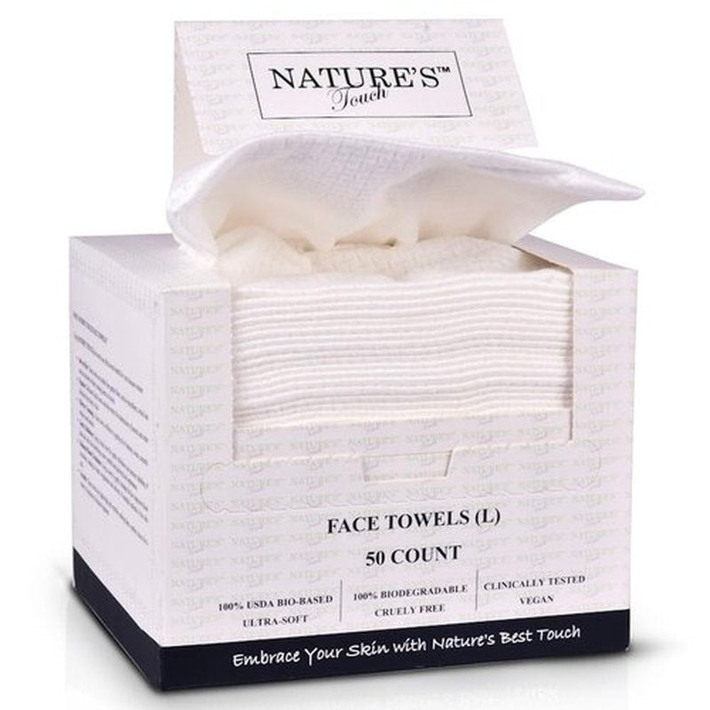 Nature’s Touch Face Towels, Biodegradable Viscose, 100% USDA Biobased, Disposable Face Towelette, Ultra Soft, Vegan, OEKO-TEX Certified, Travel, Skincare, Beauty Routine Use, 10"x12", Pack of 1, 50 Ct