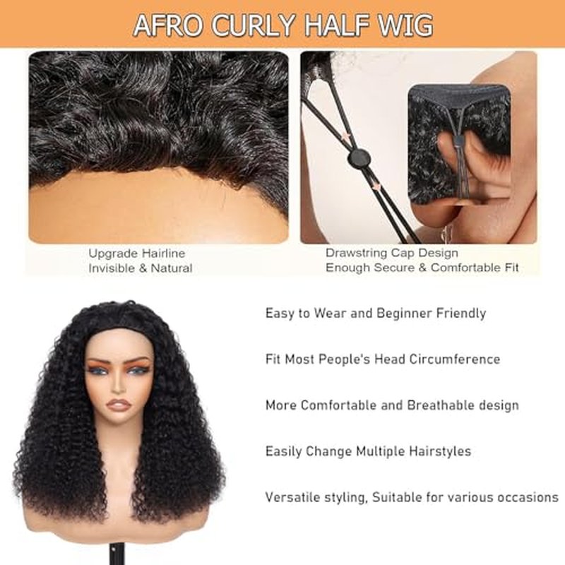 UWLK Kinky Curly Half Wig Human Hair 200 Density Upgrade 3 IN 1 Seamless Flip Over Half Wig Beginner Friendly Glueless Wear and Go Half Up Half Down Headband Wig Human Hair