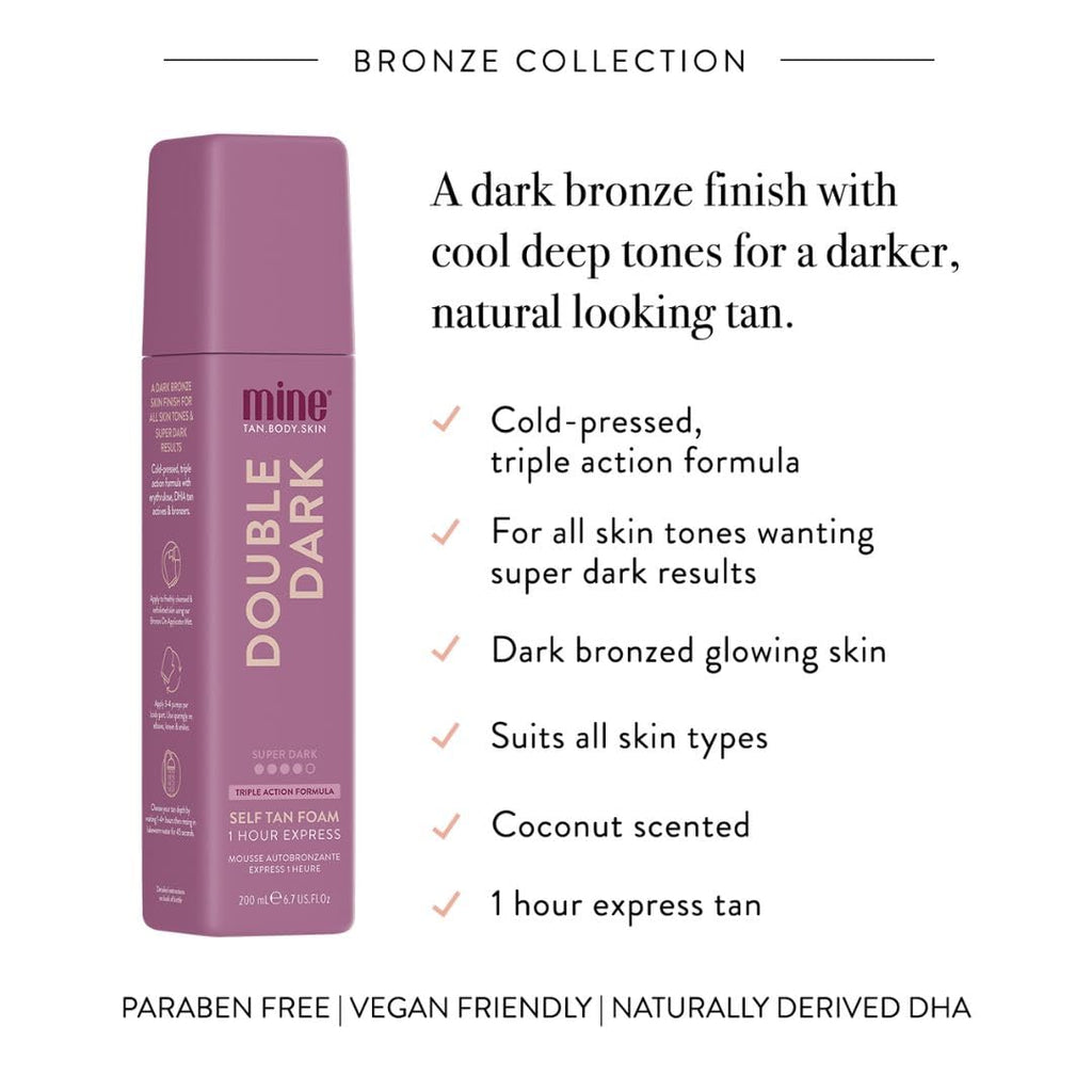 MineTan Double Dark Self Tanning Foam | Bronze Collection - Fake Tanner Mousse for a Deep Bronzing Glow, 1 Hour Express, Face & Body, Ultra Hydrating Formula, Coconut Scented, Vegan 6.7 Fl Oz