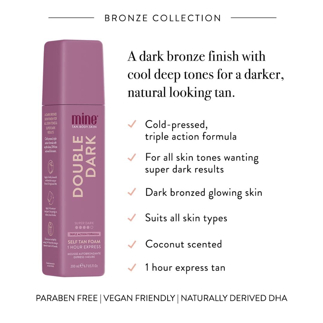 MineTan Double Dark Self Tanning Foam | Bronze Collection - Fake Tanner Mousse for a Deep Bronzing Glow, 1 Hour Express, Face & Body, Ultra Hydrating Formula, Coconut Scented, Vegan 6.7 Fl Oz