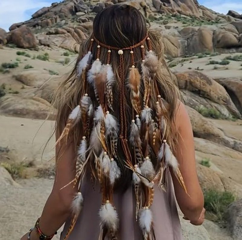 AWAYTR Feather Headband Women Festival Headwear Bohomia Feather Rope Crown Headdres For girls (White + Brown)
