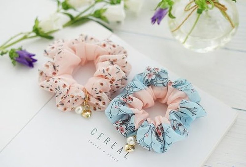 Elegant Floral Chiffon Hair Tie for Women – Soft and Stylish Scrunchie, Feminine Hair Accessory (2-Pink&Blue)