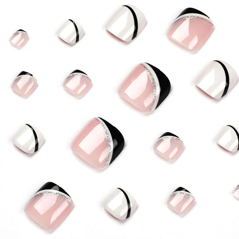 YOSOMK Press on Toenails Square Toe Nails Tips Glitter Silver Full Cover Glue on Toe Nails Nude Black and White Line Toe Nails Fake Nails Glossy Acrylic Summer False Toe Static Nails for Women 24Pcs