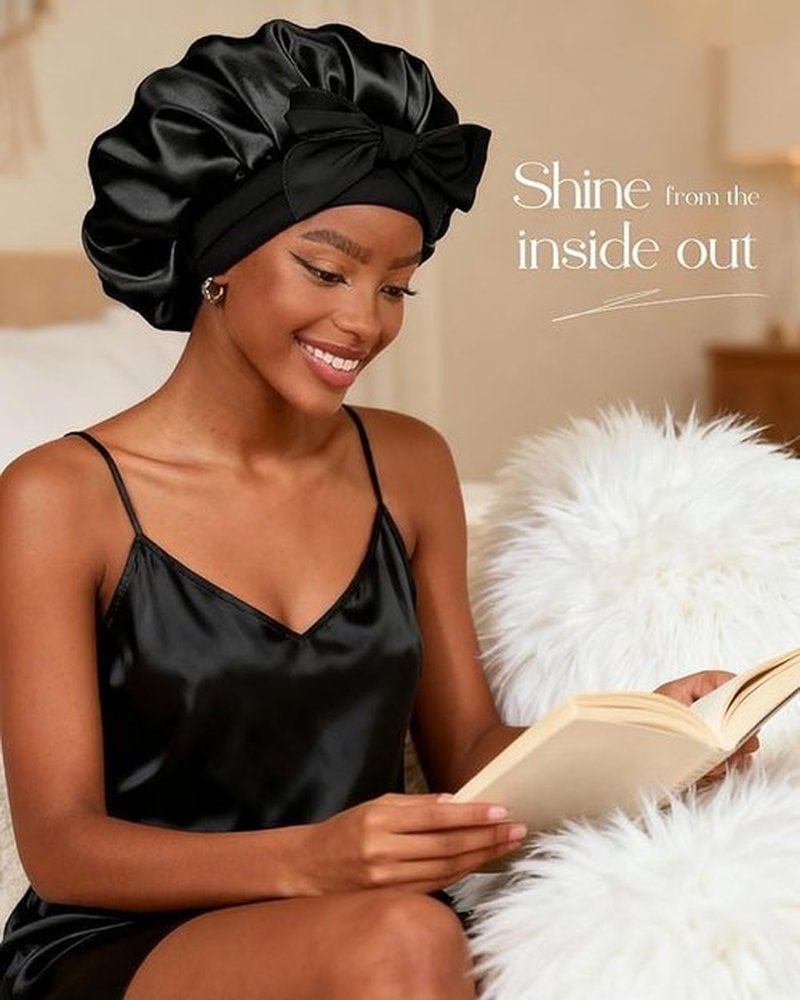 Signature 8 Silk Bonnet for Sleeping Women Adjustable Double Layer Satin Bonnet Reduce Friction Prevent Frizz Natural Curly Hair, COLOR BLACK