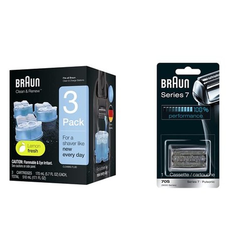 Braun Series 7 70S Electric Shaver Head Replacement Cassette & Clean Renew Refill Cartridges - Blue, 3 Count