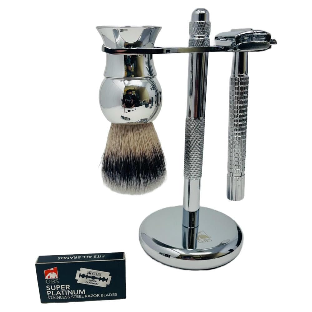 G.B.S Travel Shaving Kit- Steel Razor and Brush Stand, Chrome Double Edge Safety Razor + Leather Head Sleeve, Shave Brush + Travel Tube, Sandalwood Shaving Cream and Men's Toiletry Bag with Handles