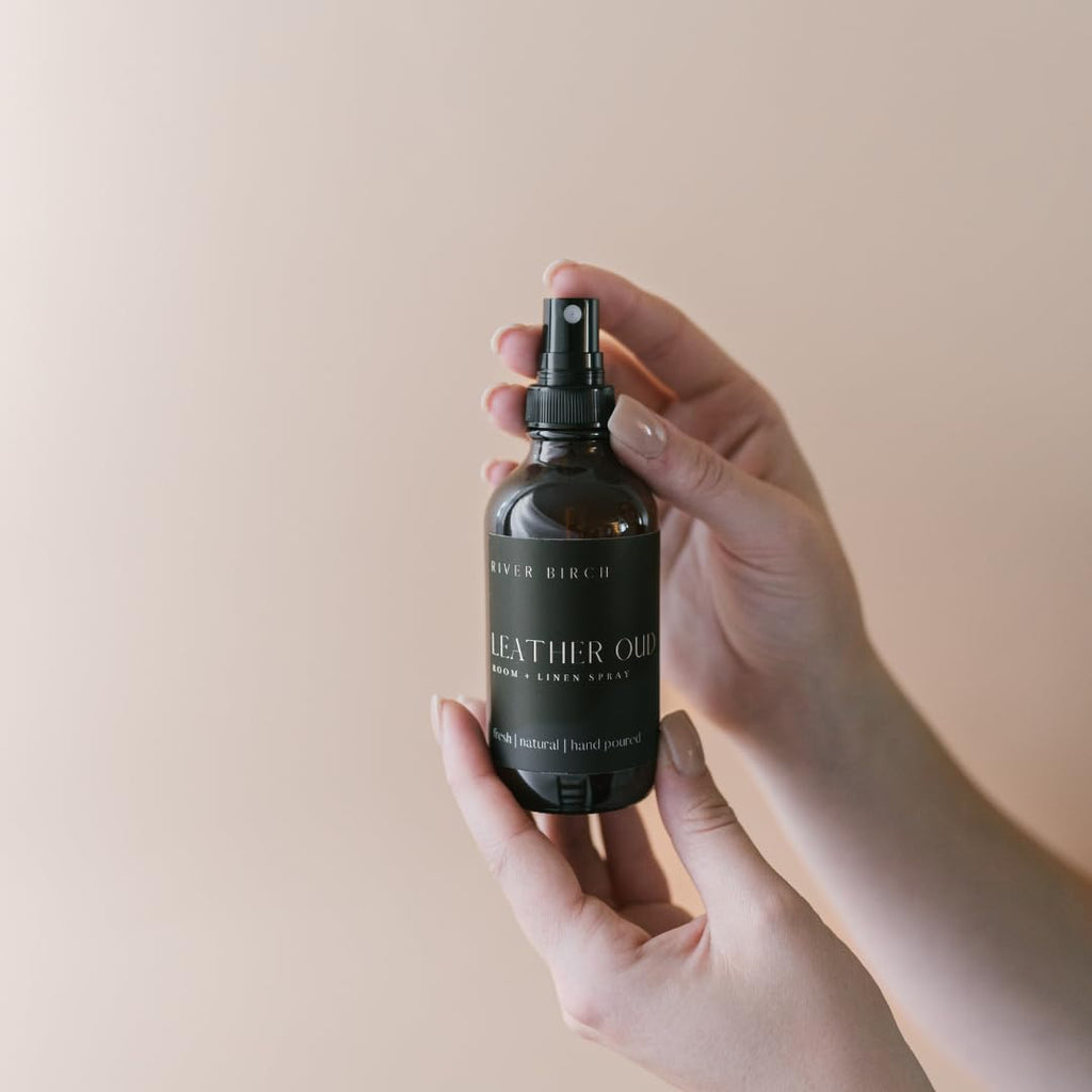 River Birch Luxury Linen and Room Spray - Leather Oud Home Signature Scent - Room Fragrance Spray - Fragrant Fresh Linen Air Freshener For Bedding - Handmade in Texas - 4 oz Glass Amber Bottle