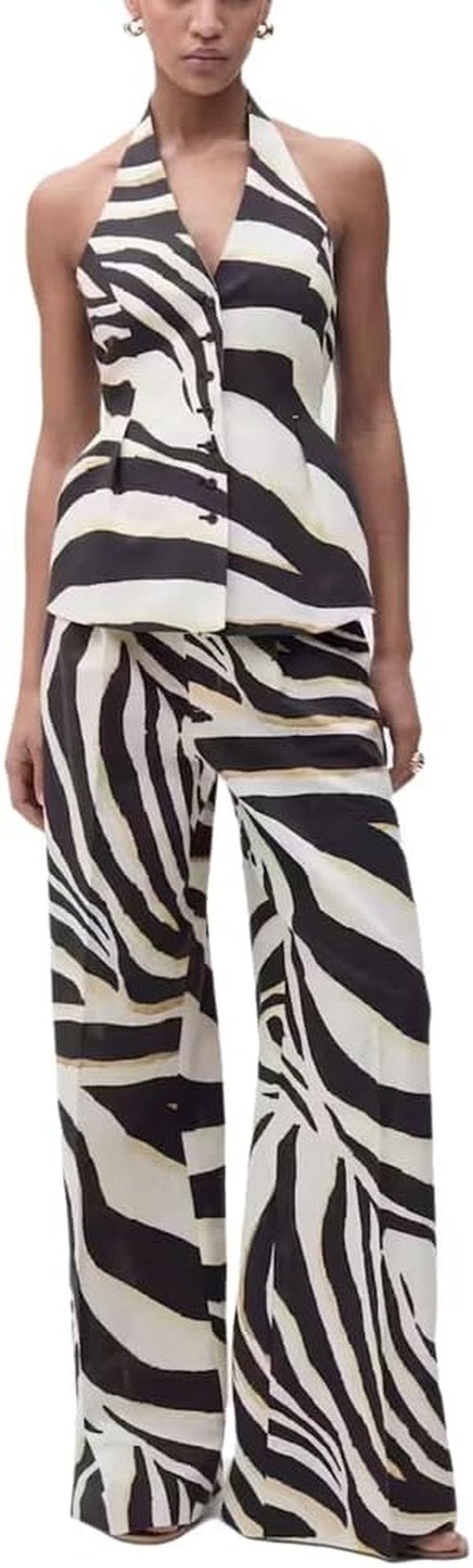 Skiennix 2-Piece Women's Outfit - Zebra Print Halter Top & Wide Leg Pants | Summer Vacation Ready