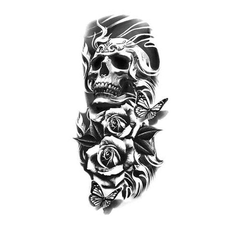 Halloween Temporary Tattoos 4-Sheet Skull Full Sleeve Tattoos and 4-Sheet Fake Skull Half Arm Tattoo Stickers