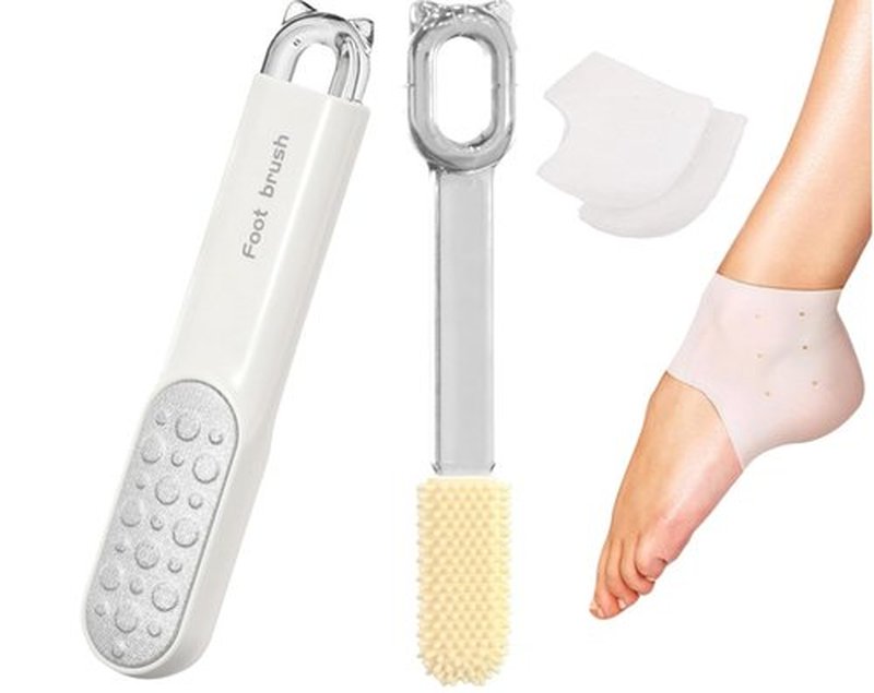 2-in-1 Foot File Callus Remover Set, Stainless Steel Foot Scrubber with Silicone Brush & Heel Gel Socks for Smooth Feet (Grey)