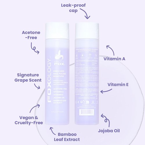 Foxology Nail Polish Remover - Acetone-Free, Vitamin A & E, Jojoba Oil, Vegan, Grape Scent - 6 fl oz