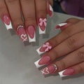 RikView Long Press on Nails Pink Fake Nails French Tips Nails Square Nails Glossy Full Cover Nails for Women 24 PCs/Set