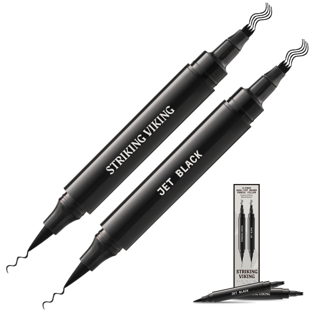 Striking Viking Beard Pen - Jet Black, 2 Pens Pack - Temporary Beard Dye - Waterproof Sweatproof Long Wear Beard Pencil Filler For Men for Touchups & Gap Contouring - Enhances Facial Hair