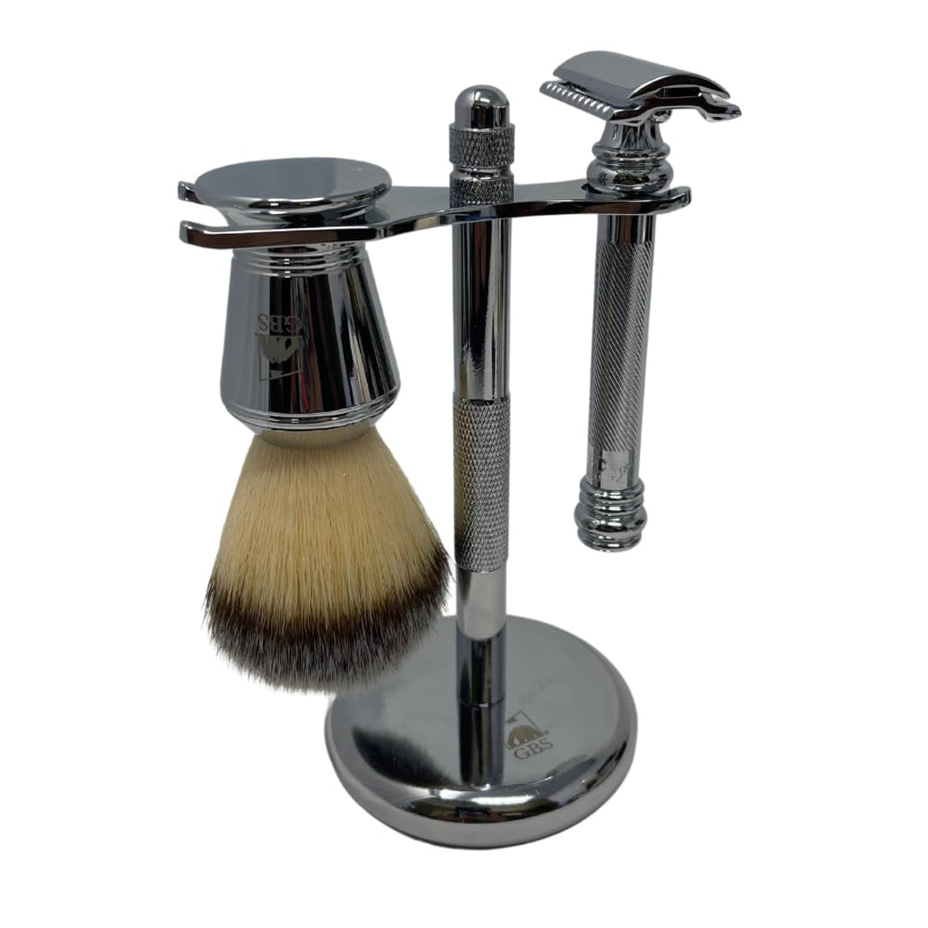 G.B.S Men's Heavy Duty DE MK 38 Men's Double Edge Safety Razor with Shaving Brush, Chrome Shave Brush and Razor Stand, Travel Razor Head Sleeve includes 10 Double Edge Blade Refills