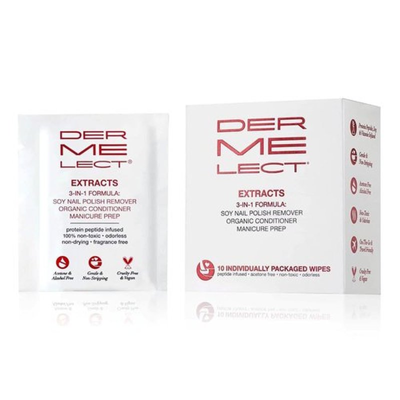 Dermelect Extracts 3-in-1 Soy Nail Polish Remover Wipes (10 Pack) – Award-Winning, Scentless, Acetone-Free, Non-Toxic Formula with Protein Peptides, Organic Soy & Jojoba Oil