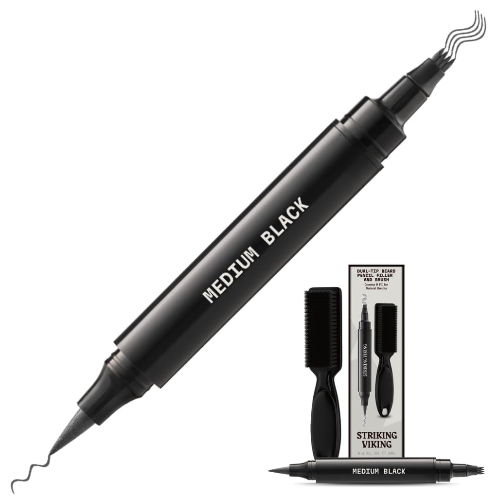 Striking Viking Beard Pencil Filler For Men - Medium Black, 1 Pen 1 Brush - Temporary Beard Dye - Waterproof Sweatproof Long Wear Beard Pen for Touchups & Gap Contouring - Enhances Facial Hair