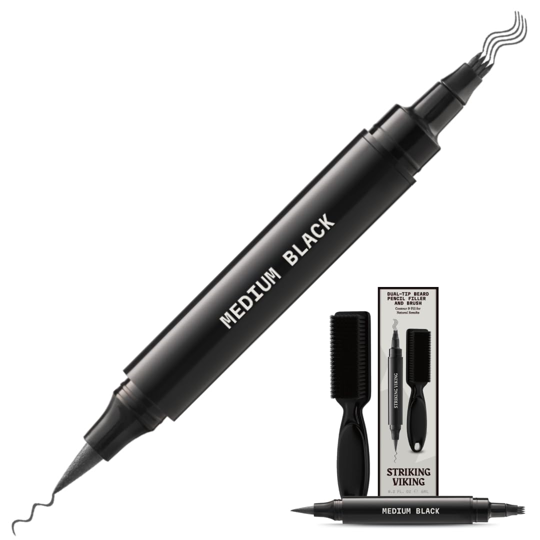 Striking Viking Beard Pencil Filler For Men - Medium Black, 1 Pen 1 Brush - Temporary Beard Dye - Waterproof Sweatproof Long Wear Beard Pen for Touchups & Gap Contouring - Enhances Facial Hair