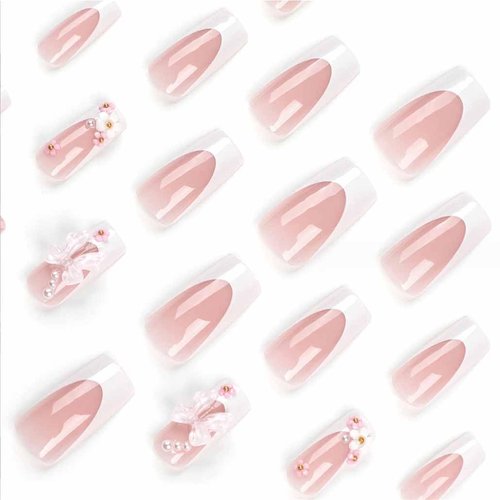 Foccna Press on Nails Medium Long Rhinestone Pink Fake Nails Square Bling Glossy 3D False Nail Tips Artificial Nails Finger Manicure for Women and Girls-24pcs